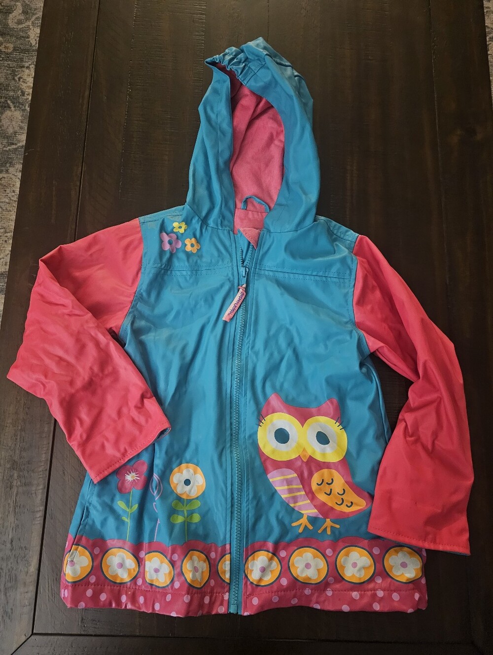 Girls' Aqua and Pink Owl Hooded Rain Jacket